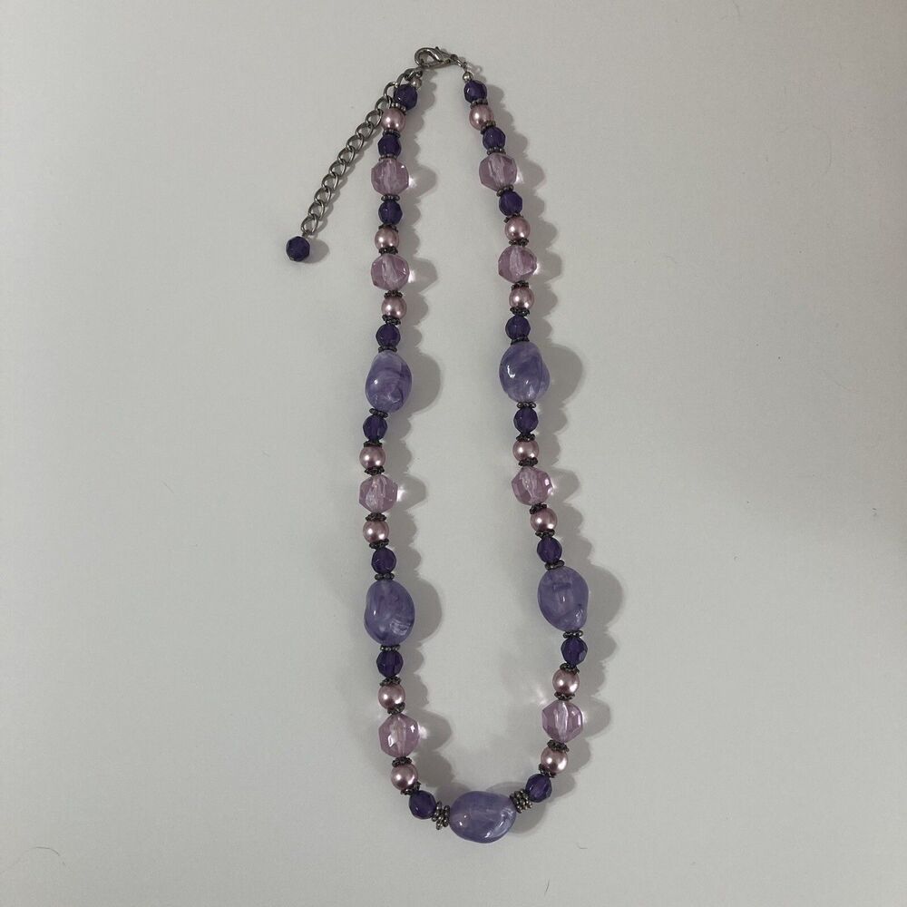 Silver Tone Purple Pink Faux Pearl Beaded Statement Necklace Fairy Bohemian